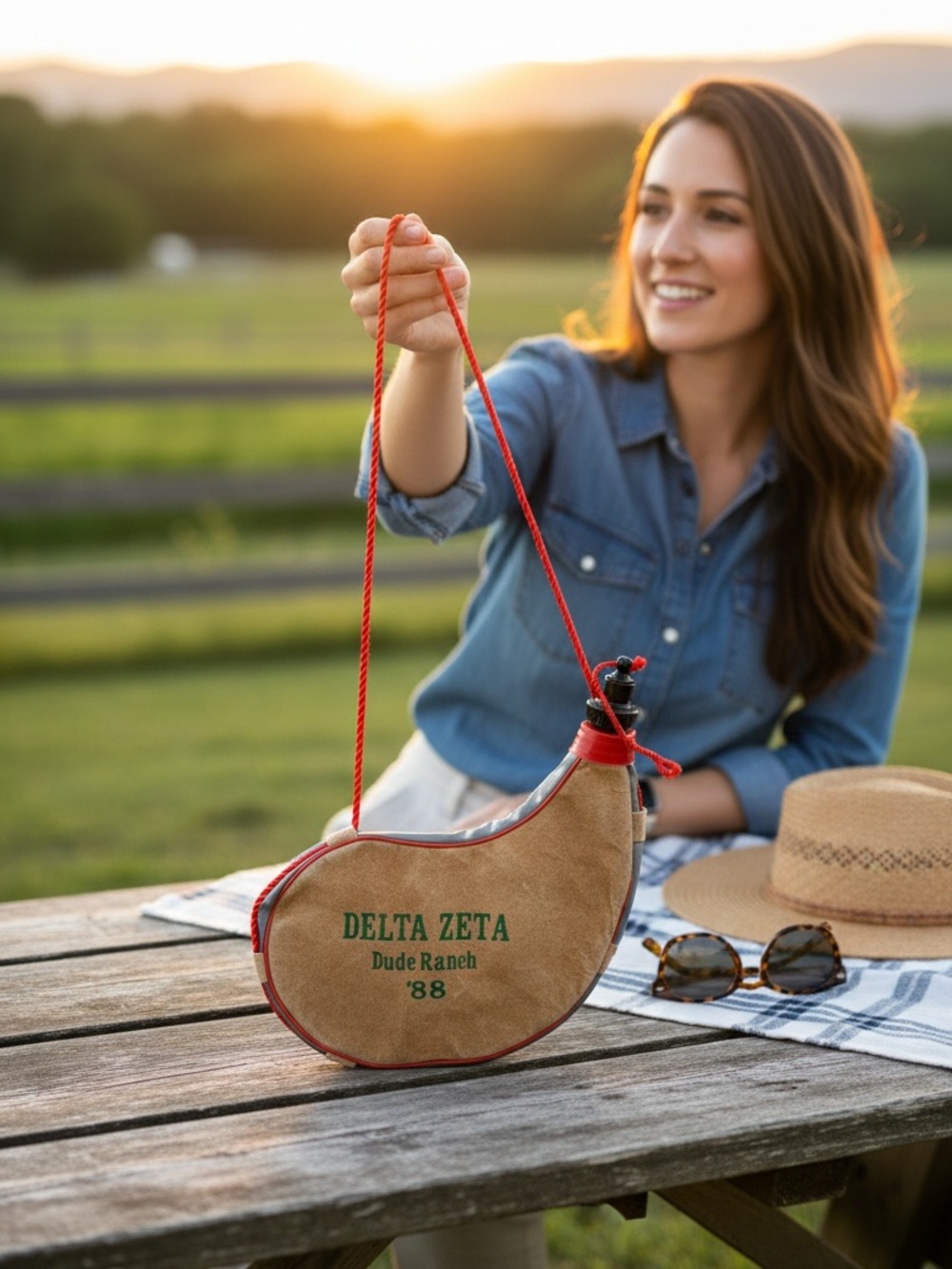 Delta Zeta '88 Kids Brown Suede Canteen Bag with Red Trim